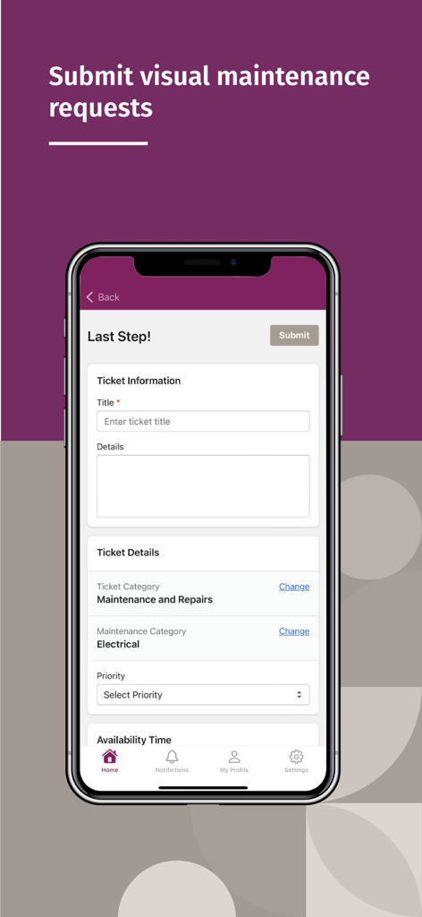 Al Mana Capital Real Estate - Interface of the Al Mana Capital Real Estate app showing a maintenance request submission form