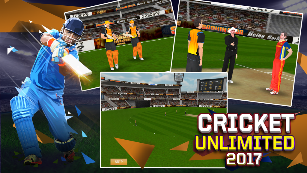 Cricket Unlimited 2017 - A collage of gameplay screenshots from the Cricket Unlimited 2017 mobile app showing batting and stadium views.