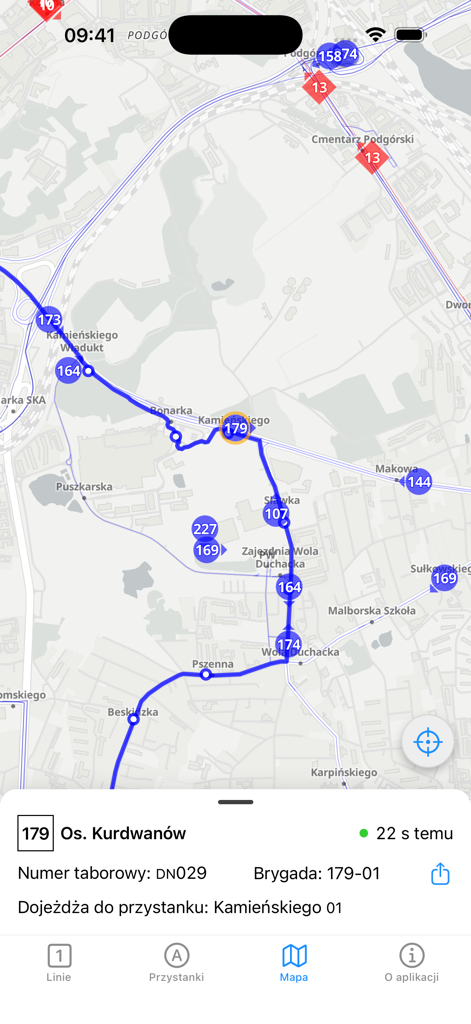 Real-time map view of public transport in Krakow showing bus routes and vehicle tracking