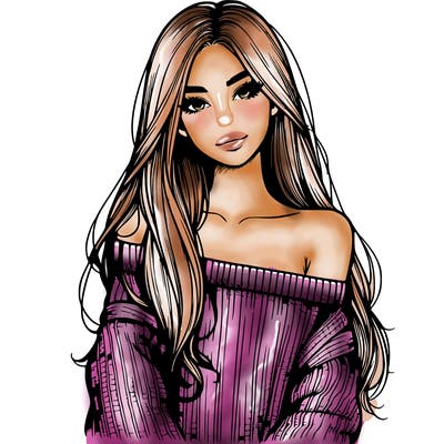 realistic girl with long hair wearing an off the shoulder sweater