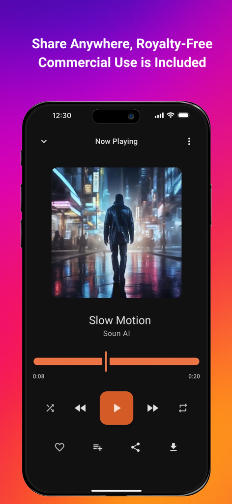 AI Music & Songs Maker - Interface of Soun AI music maker showing a song player for royalty-free commercial tracks.