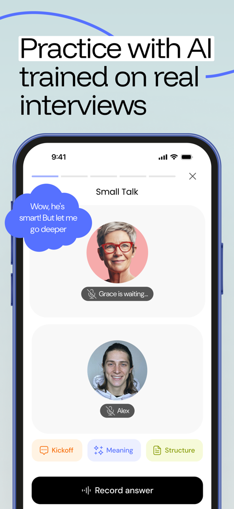 Interfaz de aplicación móvil que muestra una sesión de práctica de entrevista de trabajo con IA para charla informal