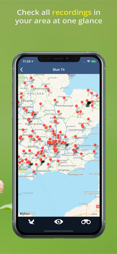 Smartphone screen showing a map of the UK with red pins marking bird song recording locations in the Bird Song Id UK app.