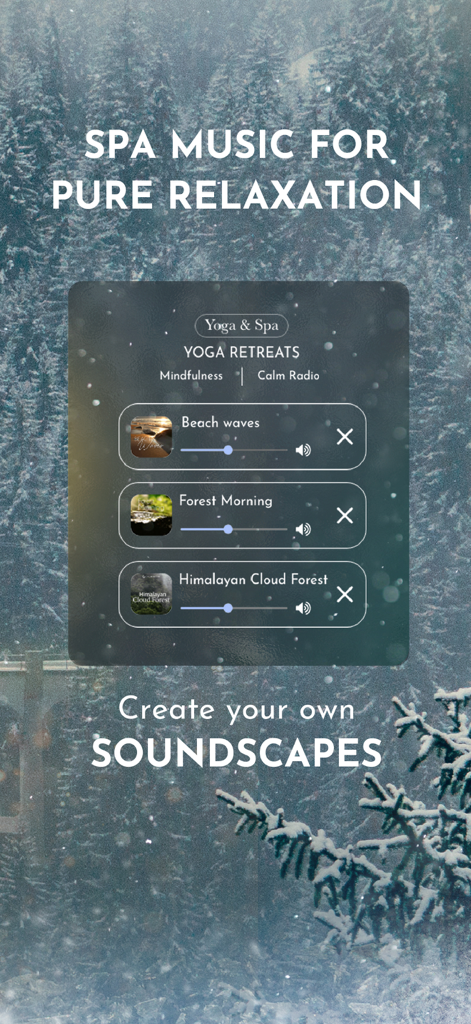 Calm Radio - Music to Relax - Interfaz para crear paisajes sonoros personalizados en la aplicación Calm Radio con sonidos de la naturaleza como olas de playa y mañana en el bosque