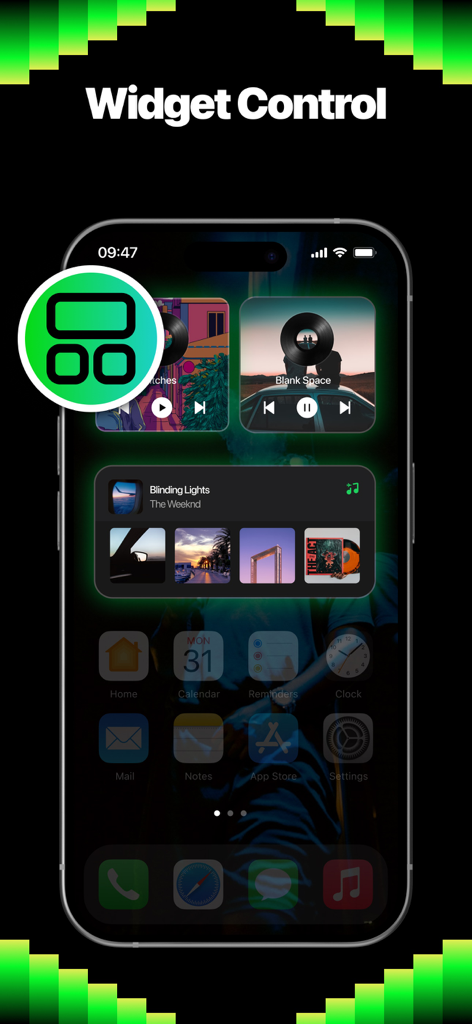 Offline music & local player - Pantalla de inicio de iPhone que muestra widgets del reproductor de música para una aplicación de reproductor de audio local sin conexión