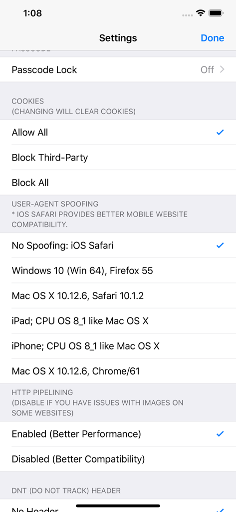 Rocket Video Cast - Configuración avanzada del navegador y de privacidad en la aplicación Rocket Video Cast, incluyendo suplantación de agente de usuario y gestión de cookies.