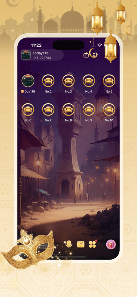 Sudfa - The Sudfa app interface displaying a themed virtual chat room with an Arabic architectural background and numbered seats