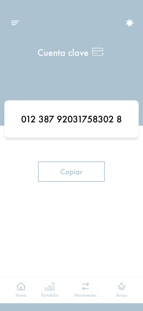 Azimut México - Screenshot der Azimut Mexico App, der die CLABE-Kontonummer mit einer Kopier-Schaltfläche für Banküberweisungen anzeigt