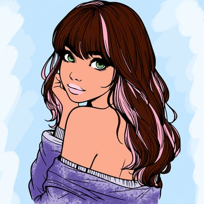 realistic girl with bangs looking over her shoulder