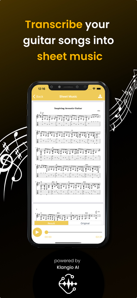 Guitar2Tabs - Transcribe Riffs - Smartphone screen showing guitar sheet music and tabs from the Guitar2Tabs app