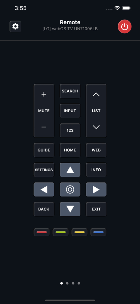 Digital remote control interface for LG webOS TV with navigation buttons on a dark theme