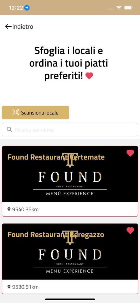 Schermata dell'app Found Sushi Restaurant che mostra un elenco di località del ristorante disponibili per ordinare e prenotare