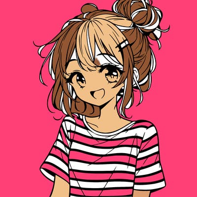 anime girl teenager striped shirt and smile and messy bun