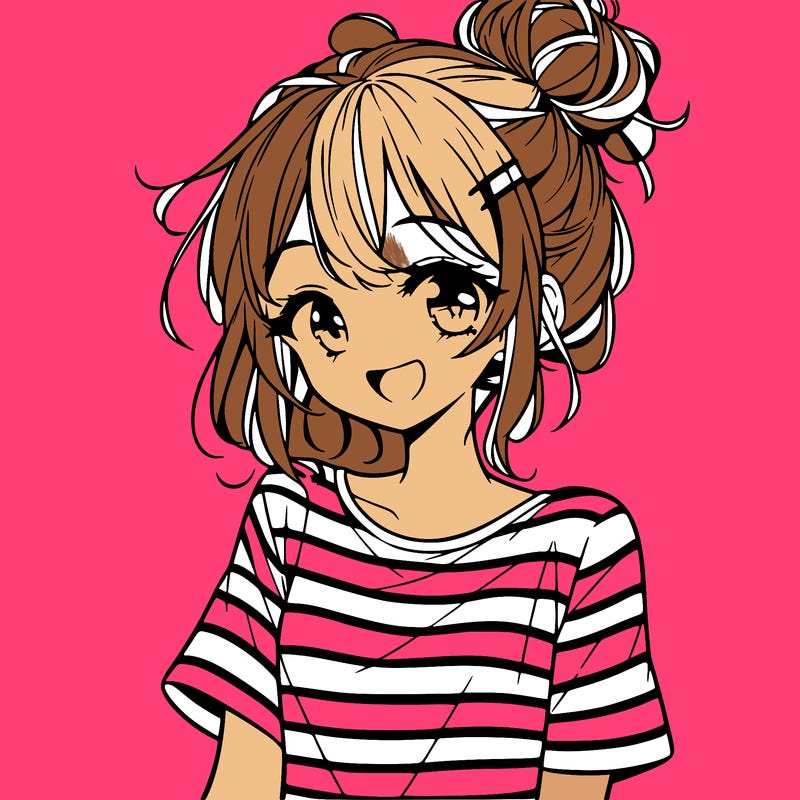 anime girl teenager striped shirt and smile and messy bun