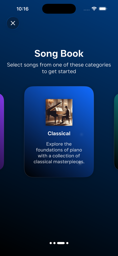 Note Spark - Note Spark app interface displaying the Song Book screen with a selection card for classical piano music
