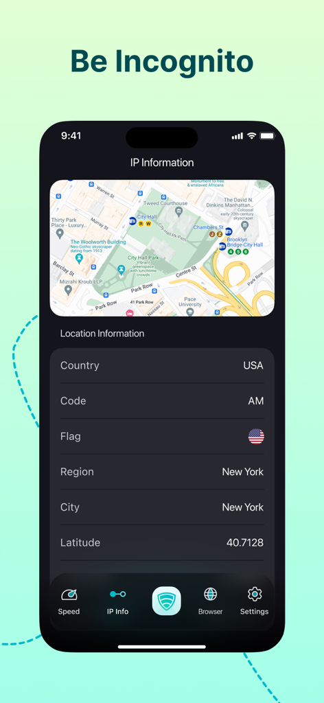 VPN app interface showing anonymous IP address and location details for New York City
