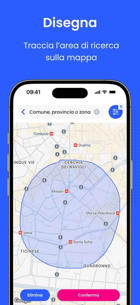 Wikicasa - Cerca e vendi casa - Wikicasa app interface showing the draw on map search feature over a map of Milan