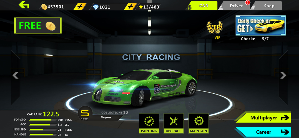 City Racing 3D : Drive Max - A green supercar in the garage menu of City Racing 3D with options for painting and upgrades.