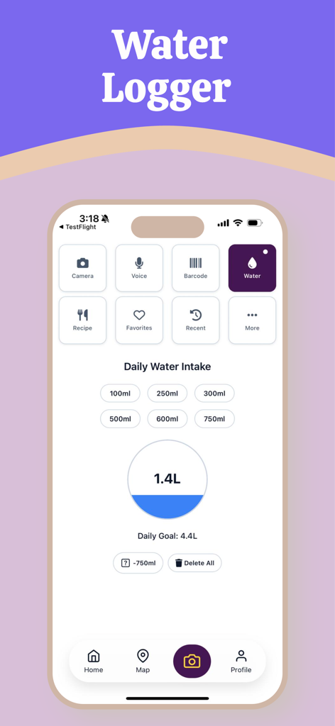 Last Calorie - Interface do aplicativo Last Calorie mostrando a tela de rastreamento de água com metas de ingestão diária e visualização de progresso