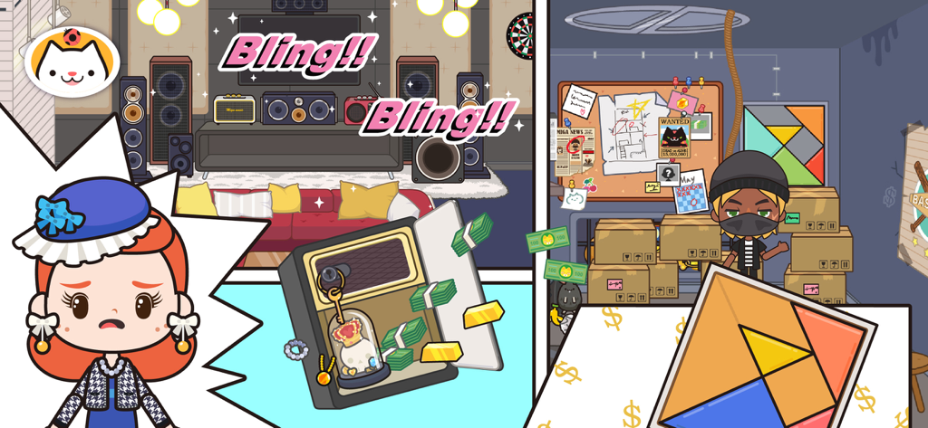 Two gameplay scenes from Miga Town Apartment featuring a treasure safe and a secret mystery room