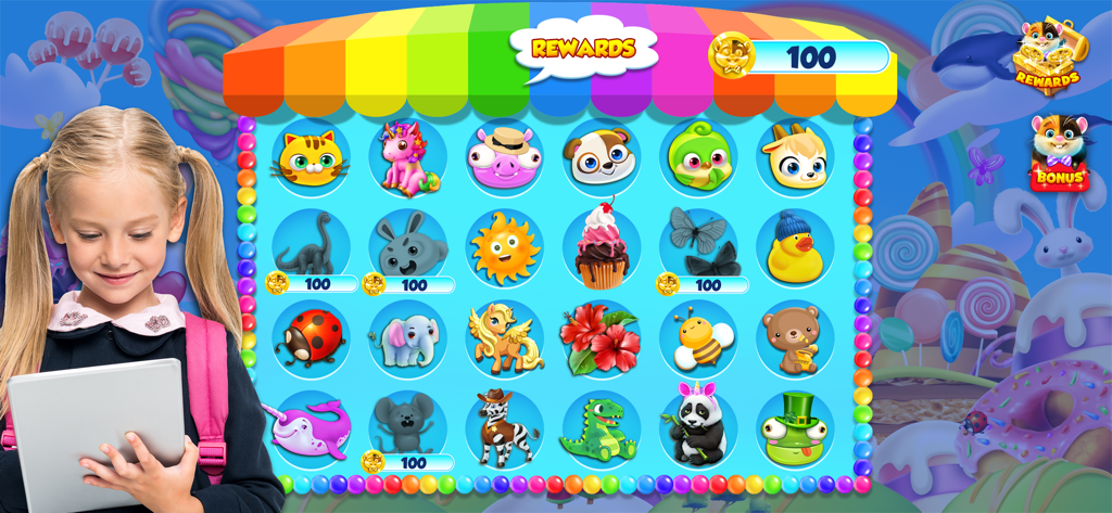 A young girl holding a tablet showing a rewards shop with various animal and character stickers