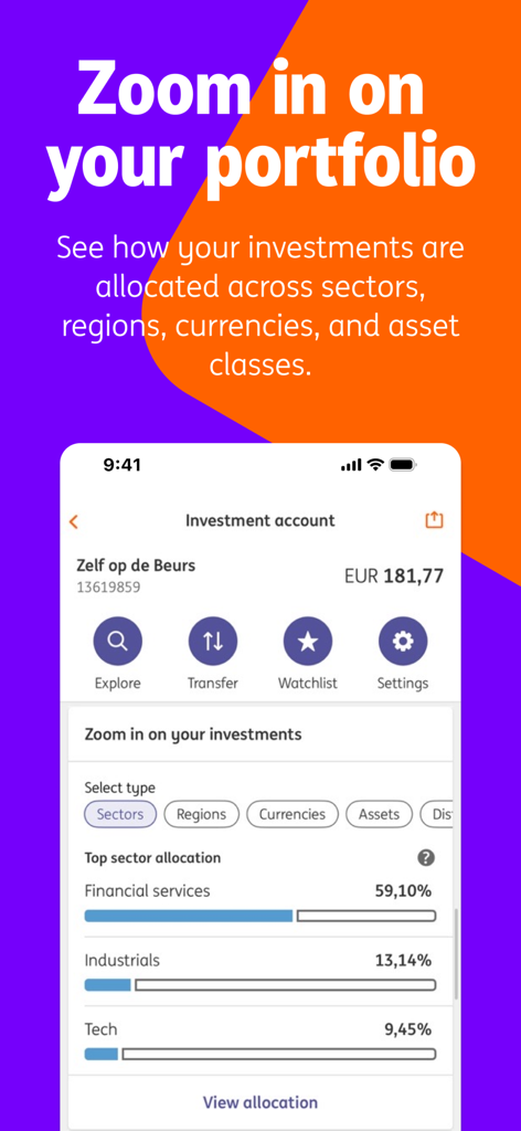 La aplicación ING Países Bajos muestra la asignación sectorial de la cartera de inversiones