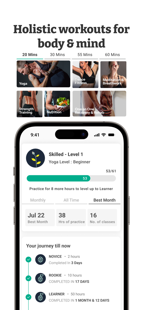 Tableau de bord de l'application mobile Shvasa montrant des entraînements de yoga holistiques et les niveaux de progression des utilisateurs
