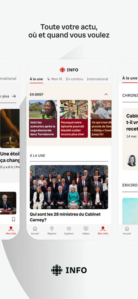 Radio-Canada Info - Radio-Canada Info mobile app interface showing news headlines and brief summaries