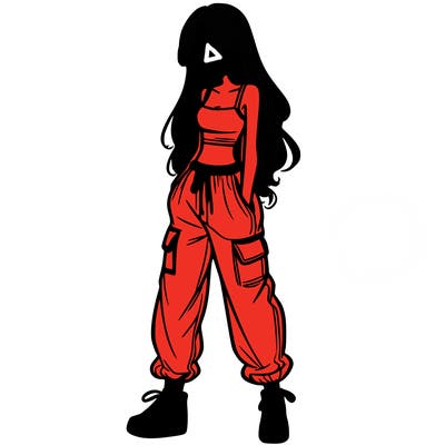 girl in baggy pants crop top and long hair