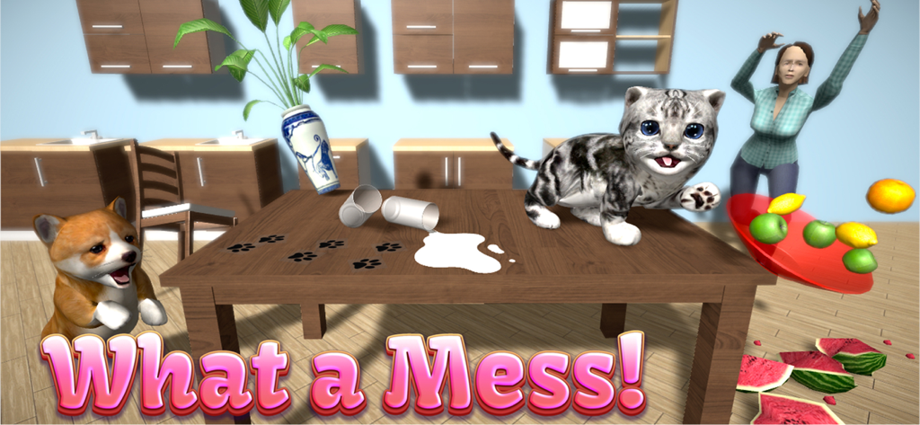 Cat Simulator 2 - Un gatito y un cachorro causando caos en una mesa de cocina con leche y frutas derramadas mientras una mujer mira sorprendida
