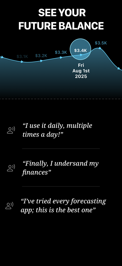 Runrate - Runrate app screen showing a future balance forecast graph and positive user testimonials