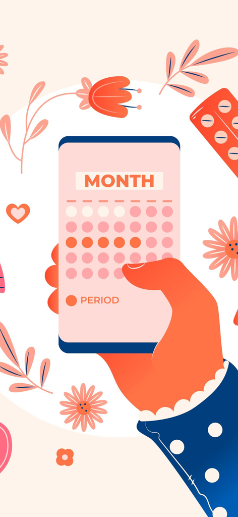 An illustration showing a hand holding a smartphone with the Herflow period tracking calendar displayed on the screen