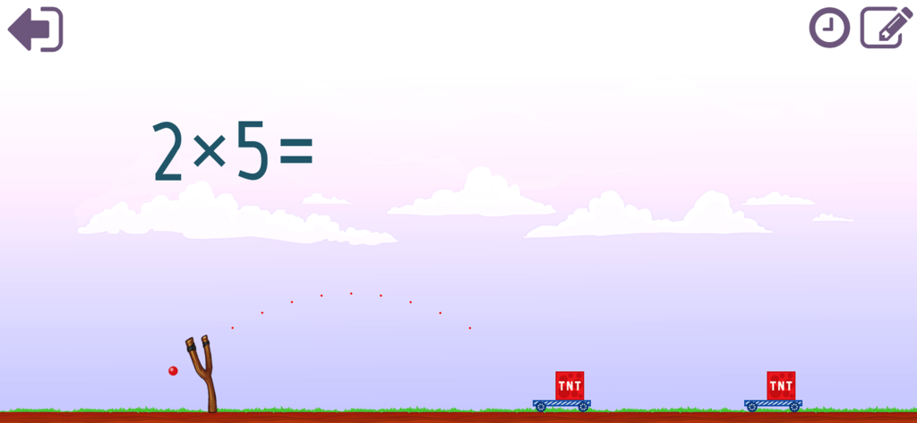 Times Tables 10x10 - A multiplication practice screen featuring a slingshot mini game and the equation 2 times 5.