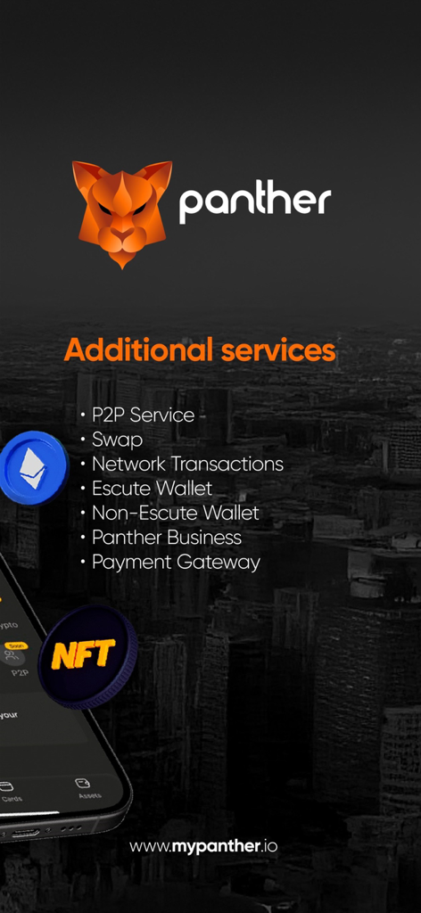 Panther: Wallet Crypto - Una lista de servicios adicionales en la aplicación Panther Wallet que incluye P2P Swap y Payment Gateway