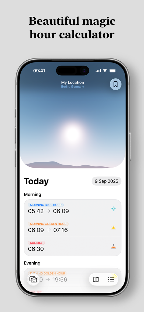 Helios - Golden Hour Forecast - Helios app interface displaying morning blue hour and golden hour schedule on an iPhone