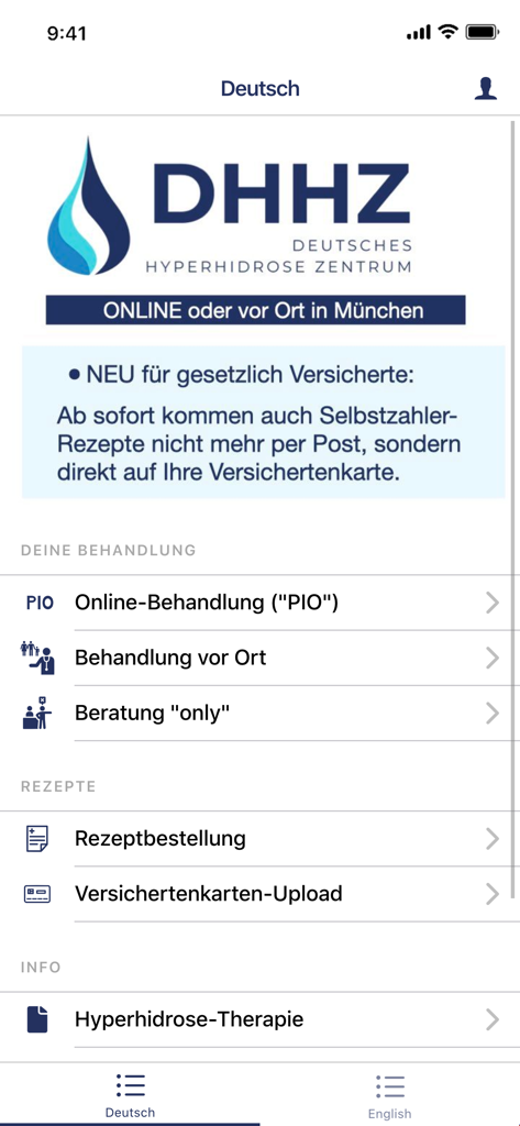 Hyperhidrose Hyperhidrosis - Main menu of the Hyperhidrose medical app showing online treatment and digital prescription options