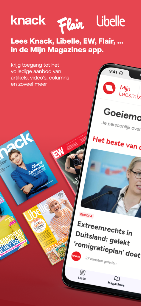 Mijn Magazines - Smartphone screen showing the Mijn Magazines app with news articles and magazine covers like Knack and Libelle.