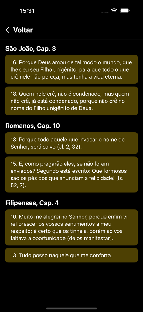 Bíblia Católica (Matos Soares) - Pantalla que muestra una lista de versículos bíblicos favoritos en la aplicación Biblia Católica Matos Soares.