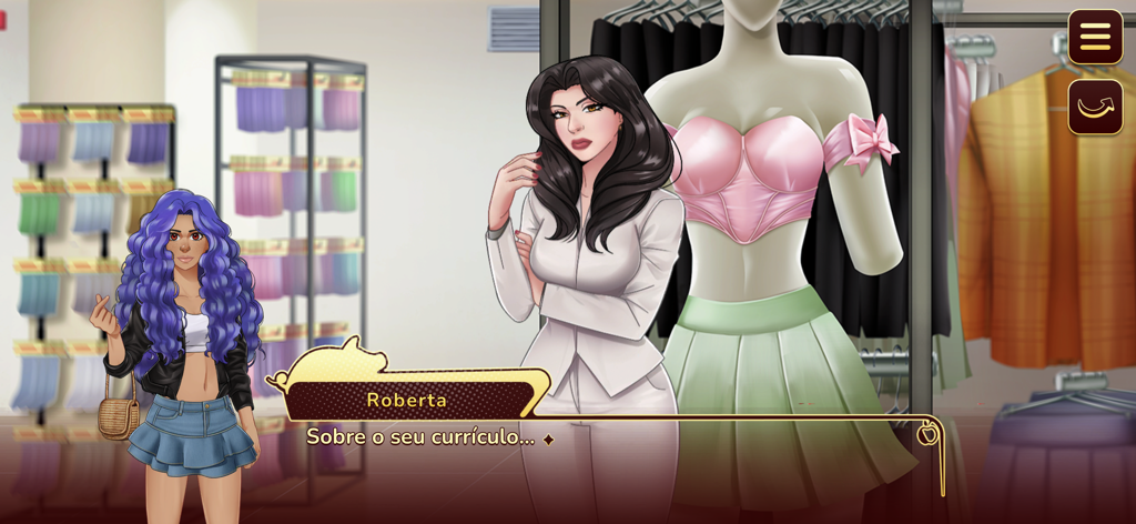 Entre Laços e Amassos - A dialogue scene between the character Roberta and the protagonist in a clothing boutique.