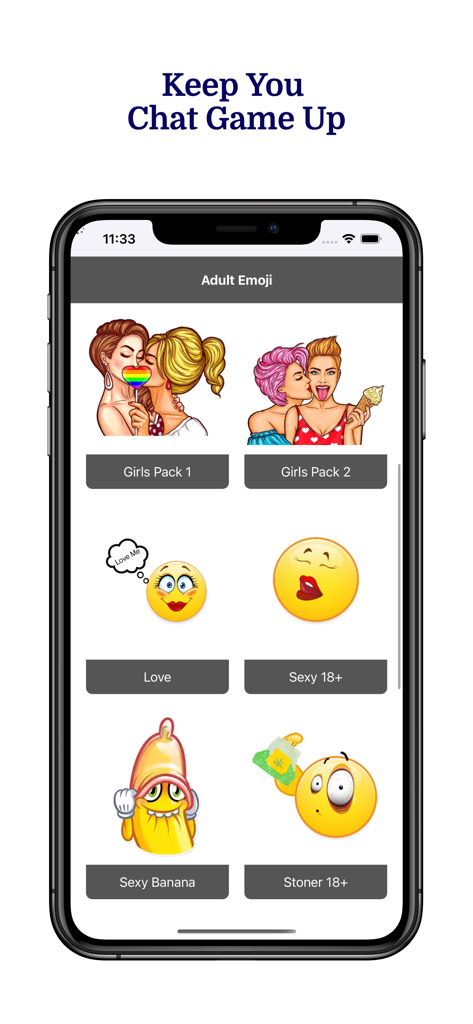 Selection of adult and flirty emoji sticker packs for dating and chat