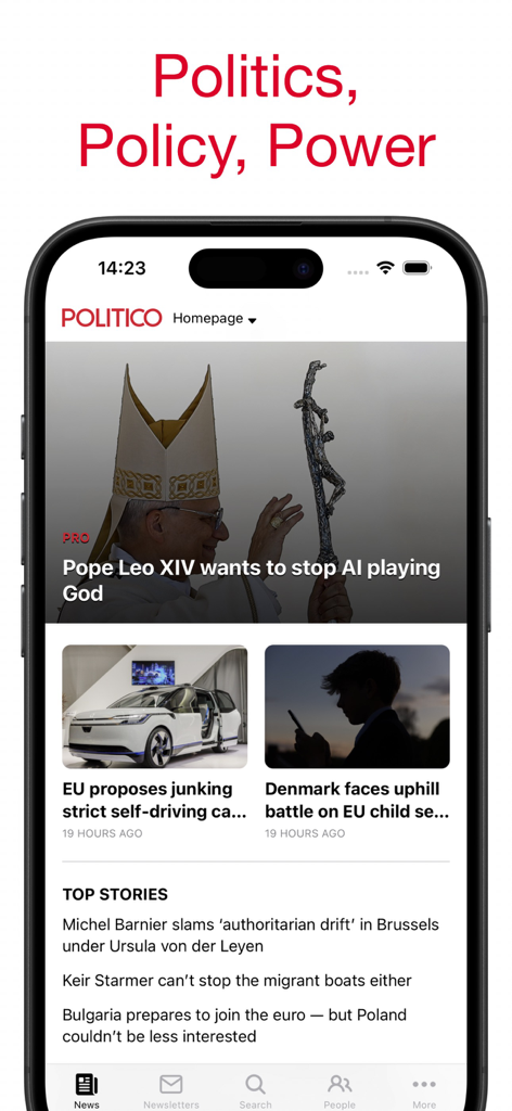 POLITICO Europe Edition mobile app interface showing political news headlines and the Politics Policy Power tagline.