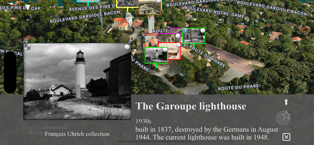 Antibes back in time - Un'interfaccia di mappa 3D di Antibes che mostra una foto d'epoca degli anni '30 e fatti storici sul faro di Garoupe.