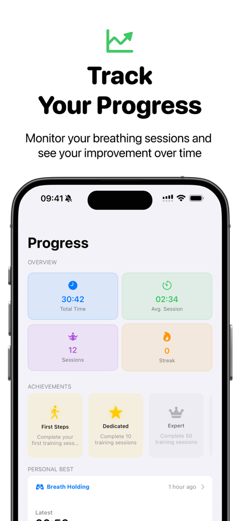 apne - Tableau de bord de l'application apne montrant la progression de l'entraînement en apnée et les réalisations personnelles