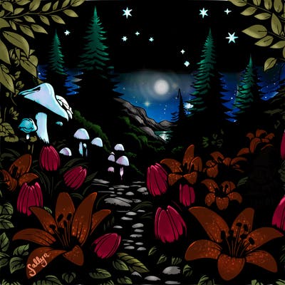 realistic lilly garden with a beautiful night sky and trolls