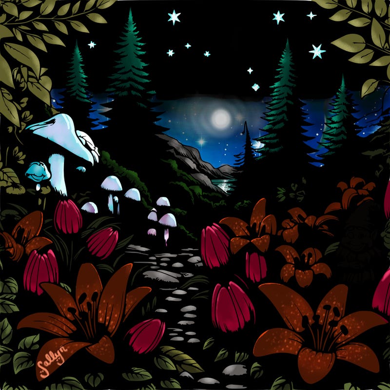 realistic lilly garden with a beautiful night sky and trolls