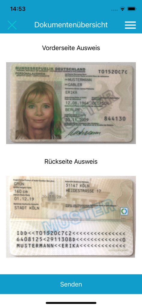 Screenshot dell'app identity online che mostra la verifica della carta d'identità fronte e retro