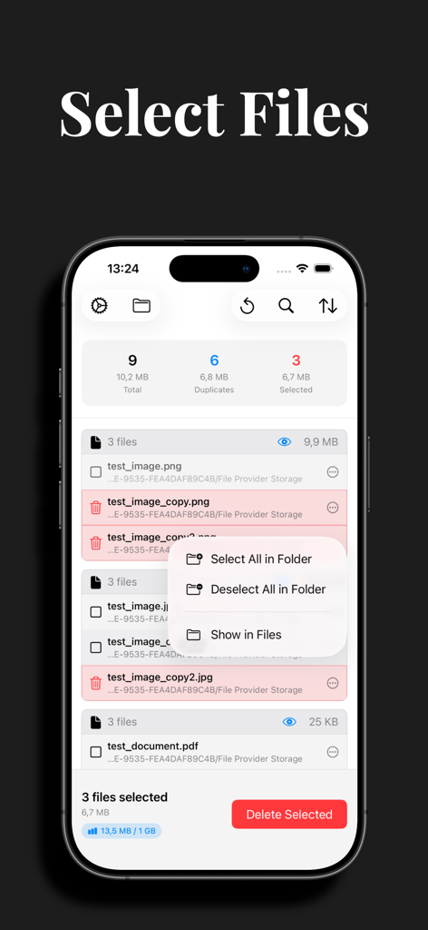 Zero Duplicates Mobile - Interface of Zero Duplicates Mobile showing a list of duplicate files with options to select all or delete selected items to reclaim storage space