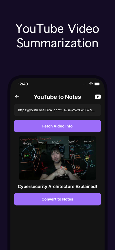 Notegpt - Note Taking AI - Notegpt app interface showing the YouTube video to notes summarization feature