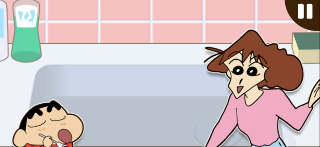 Crayon Shinchan LittleHelper! - リトルヘルパー！アプリで、母のみさえが横に立つ中、キッチンシンクのそばで食事をするしんちゃん