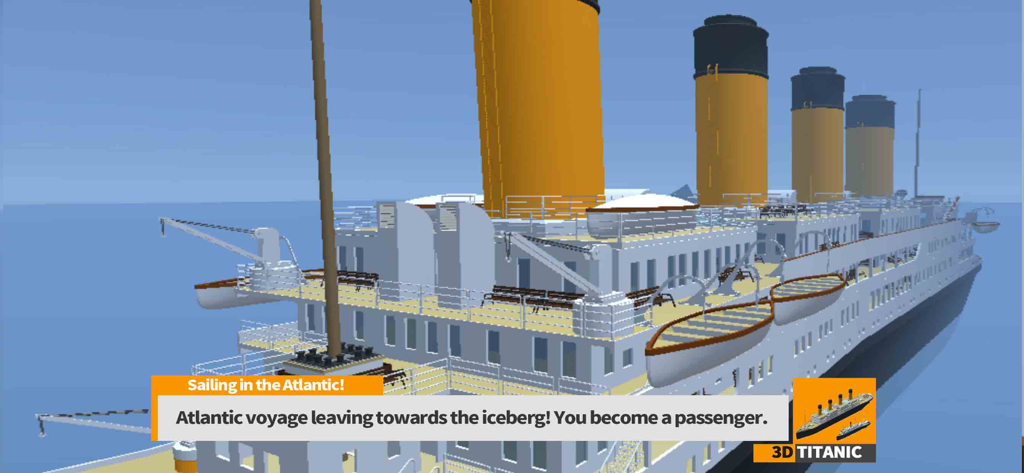 Modèle 3D du pont du Titanic lors d'une simulation de voyage dans l'Atlantique dans l'application